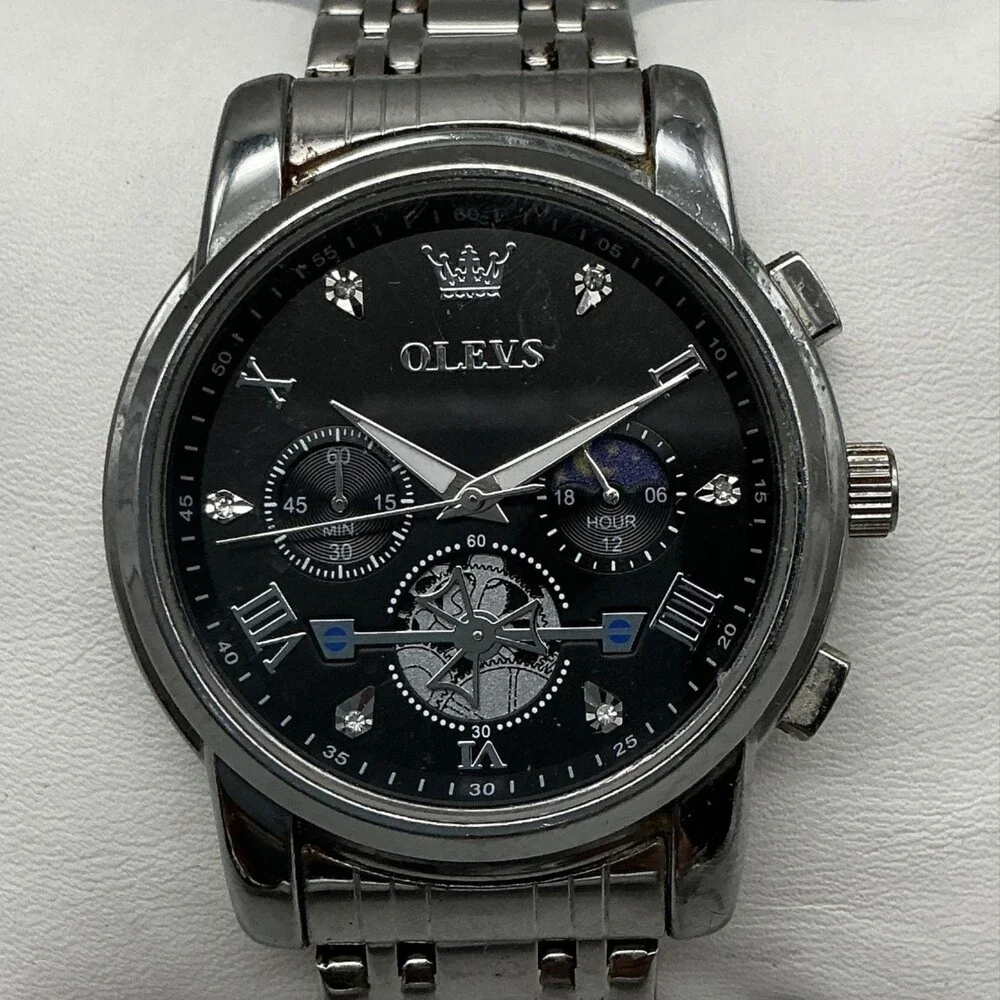 OLEVS Chronograph Mens Watch 42mm Black Dial Moon Phase New Battery 8.75